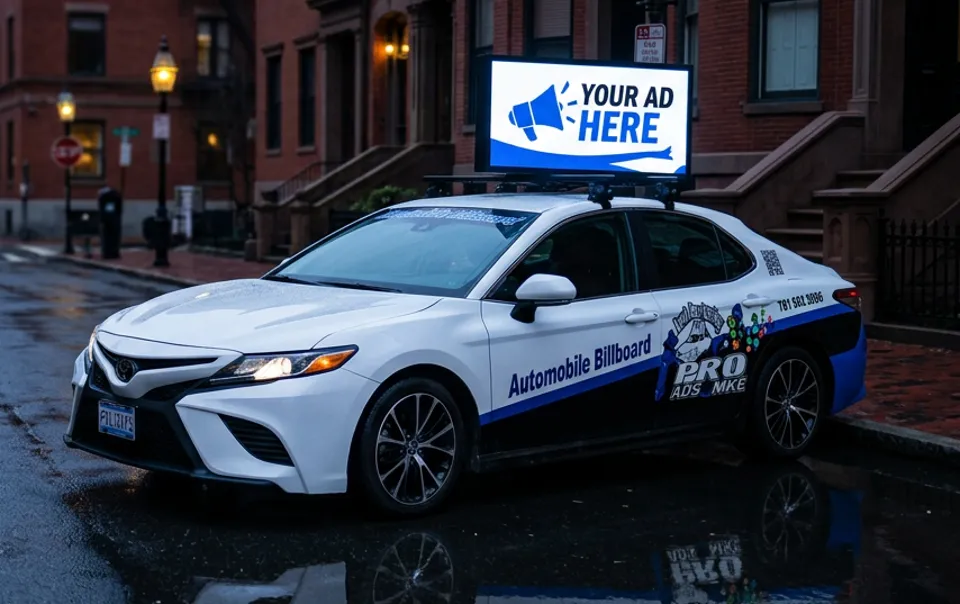 Boston Mobile Billboard's real advertising car on a downtown Boston street